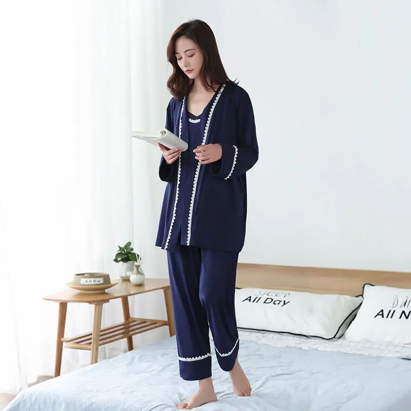 Women's Sleepwear Perfect For Casual Home Nightdress Sexy Bamboo Fiber Lace-Edged Three-Piece Suit For Summer Spring Autumn