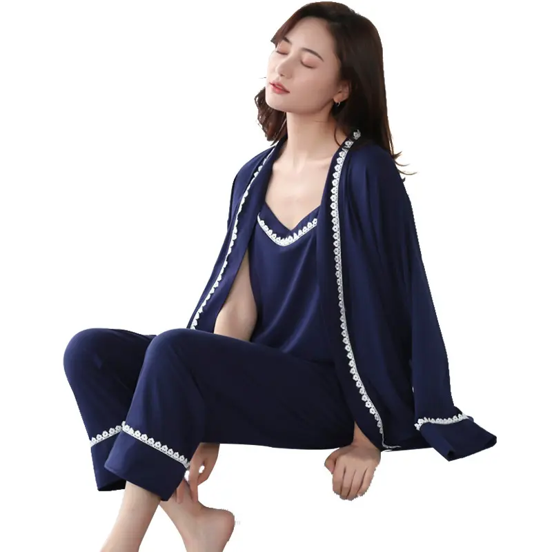 Women's Sleepwear Perfect For Casual Home Nightdress Sexy Bamboo Fiber Lace-Edged Three-Piece Suit For Summer Spring Autumn