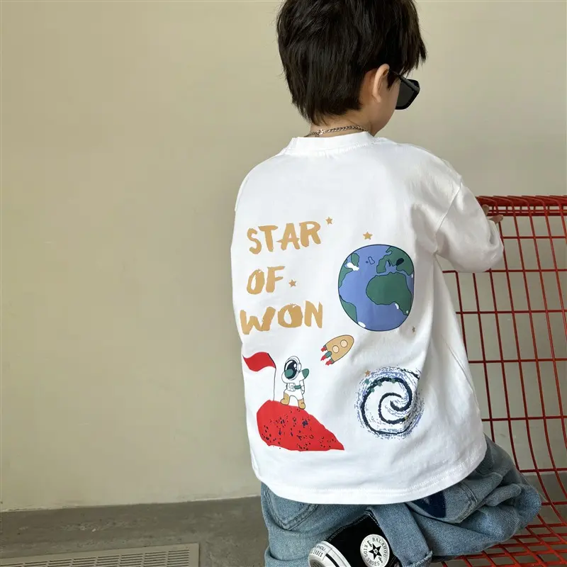 Funny Astronaut Travels Around Space Print T Shirt Kids Graphic Spring Autumn T Shirt O Neck Boys New 2024 Tees Tops Children