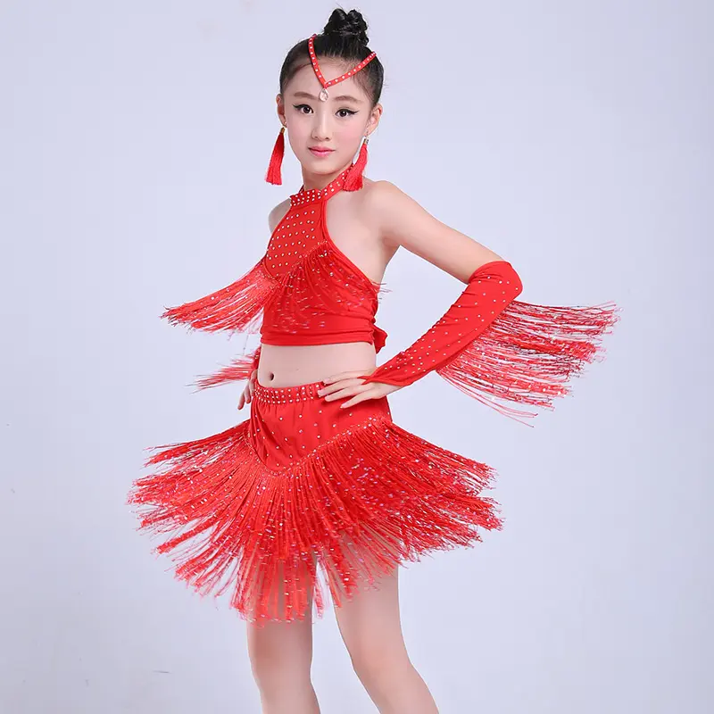 New Children's Latin Dance Costumes Girls Sequined Fringed Latin Skirts Children's Latin Costumes Latin Dress Latin Costumes