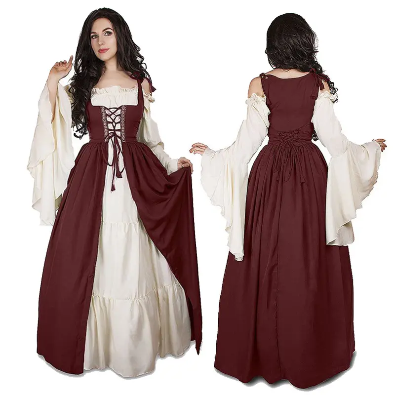 2pcs Halloween Adult Medieval Royal Retro Court European Queen Dress Stage Performance Disguise Noble Princess Costume