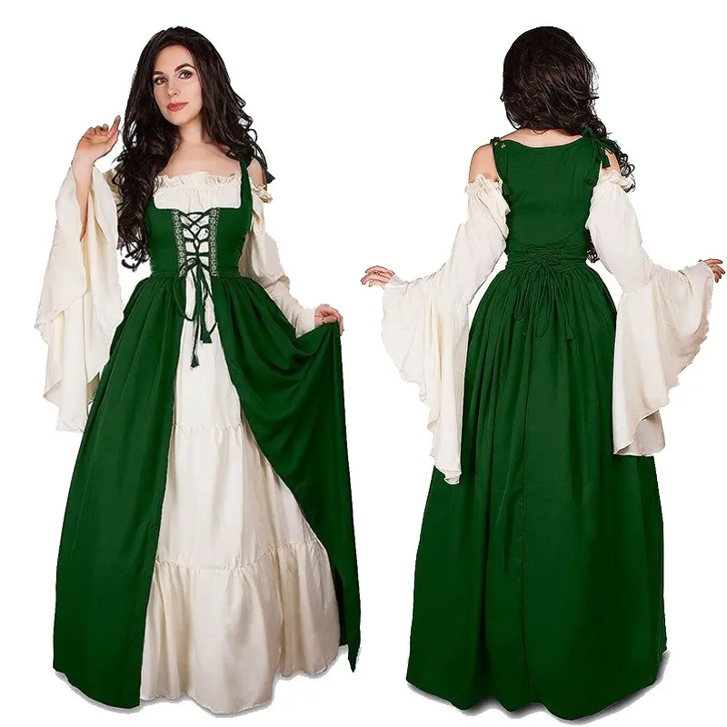 2pcs Halloween Adult Medieval Royal Retro Court European Queen Dress Stage Performance Disguise Noble Princess Costume