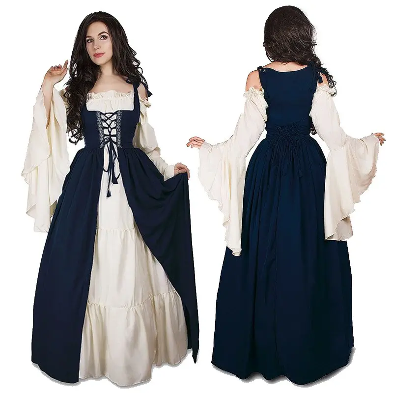 2pcs Halloween Adult Medieval Royal Retro Court European Queen Dress Stage Performance Disguise Noble Princess Costume