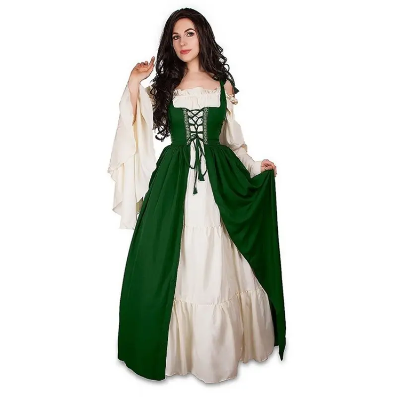 2pcs Halloween Adult Medieval Royal Retro Court European Queen Dress Stage Performance Disguise Noble Princess Costume