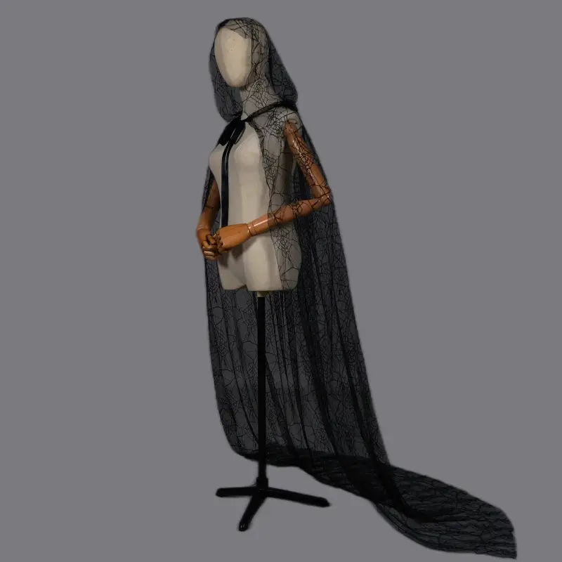 Halloween Black Spider Web Cloak Long Hooded Cloak Festival Performance Dress Halloween Decoration Lace Spider Costumes