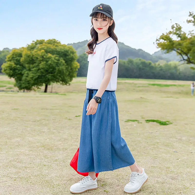 Summer Girls Cotton Contrast White T-shirt Tops+Blue Loose Drawstring Pants Set School Kids Tracksuit Child Outfit Suit
