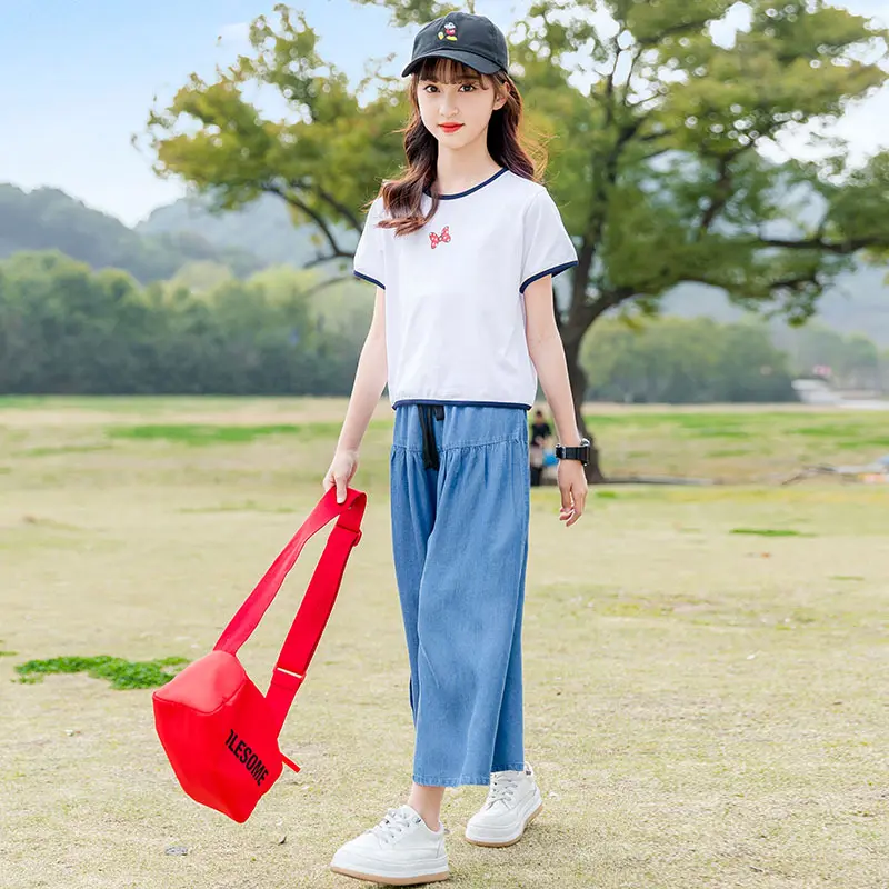 Summer Girls Cotton Contrast White T-shirt Tops+Blue Loose Drawstring Pants Set School Kids Tracksuit Child Outfit Suit