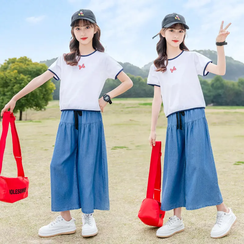 Summer Girls Cotton Contrast White T-shirt Tops+Blue Loose Drawstring Pants Set School Kids Tracksuit Child Outfit Suit