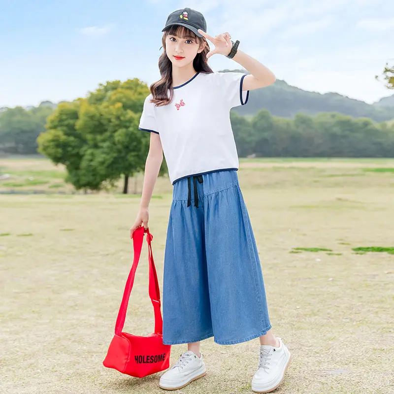 Summer Girls Cotton Contrast White T-shirt Tops+Blue Loose Drawstring Pants Set School Kids Tracksuit Child Outfit Suit