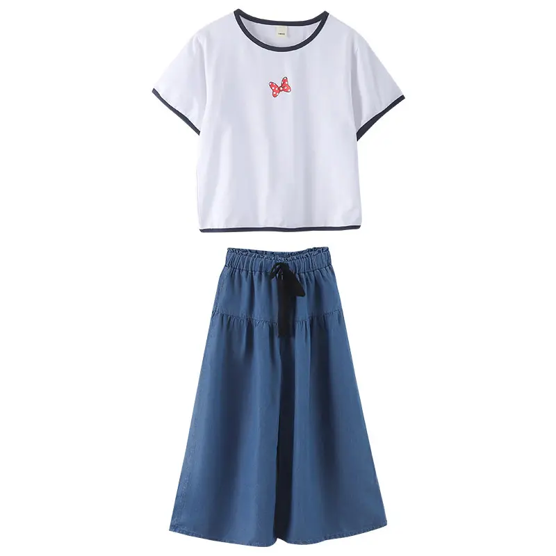Summer Girls Cotton Contrast White T-shirt Tops+Blue Loose Drawstring Pants Set School Kids Tracksuit Child Outfit Suit