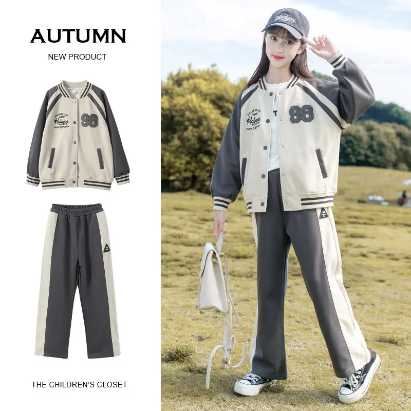 New Winter Autumn Girls Teenager Patchwork Zipper Striped Coats Jacket + Baseball Clothes Sexy Striped Pants Two Piece Set