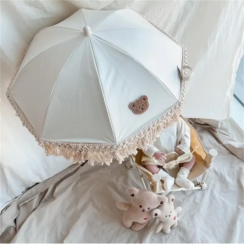Korean Embroidered Bear Children's Outdoor Stroller Parasol Baby Beach Sun Protection UV Umbrella Stroller Accessories
