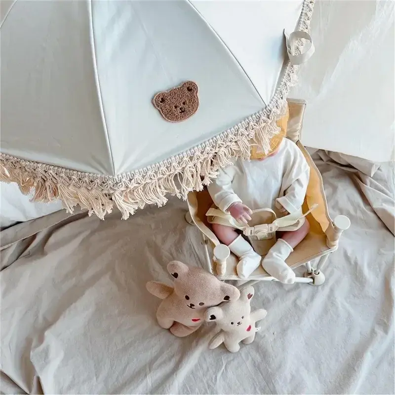 Korean Embroidered Bear Children's Outdoor Stroller Parasol Baby Beach Sun Protection UV Umbrella Stroller Accessories