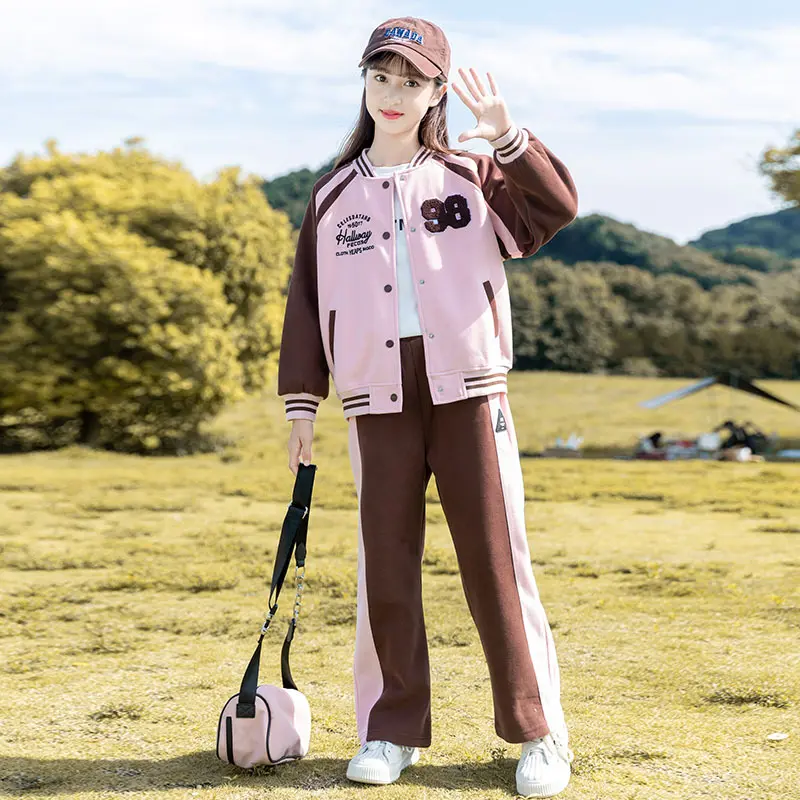 New Winter Autumn Girls Teenager Patchwork Zipper Striped Coats Jacket + Baseball Clothes Sexy Striped Pants Two Piece Set
