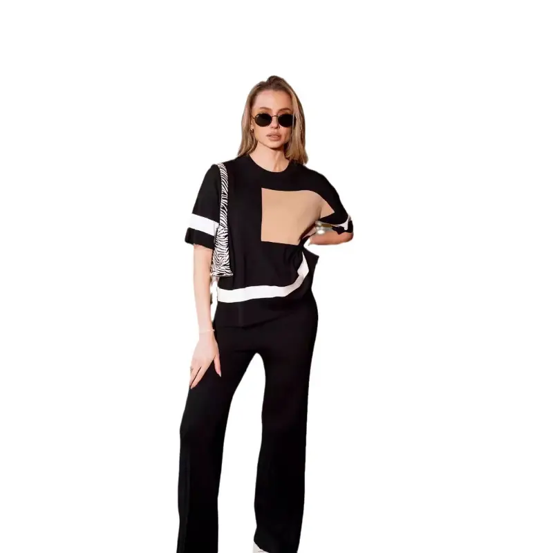Casual Fashion Knitted Ice Silk Two Piece Set for Women Summer Short Sleeve Contrast Color Pullover Top+Wide Leg Pants Set