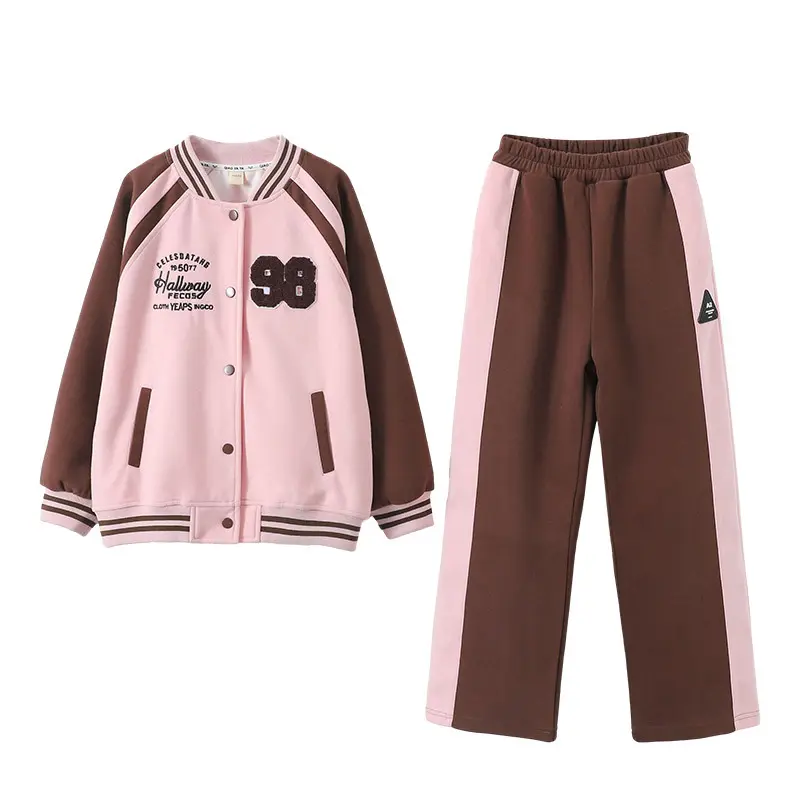 New Winter Autumn Girls Teenager Patchwork Zipper Striped Coats Jacket + Baseball Clothes Sexy Striped Pants Two Piece Set