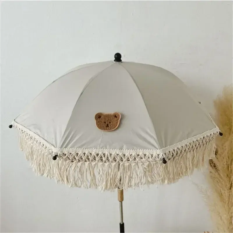 Korean Embroidered Bear Children's Outdoor Stroller Parasol Baby Beach Sun Protection UV Umbrella Stroller Accessories
