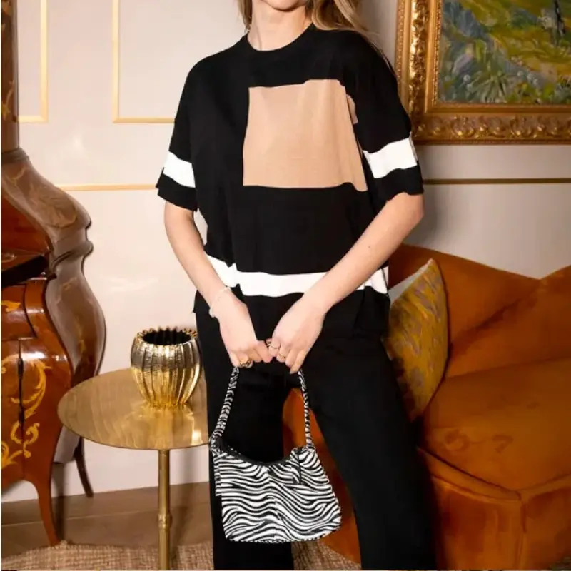 Casual Fashion Knitted Ice Silk Two Piece Set for Women Summer Short Sleeve Contrast Color Pullover Top+Wide Leg Pants Set