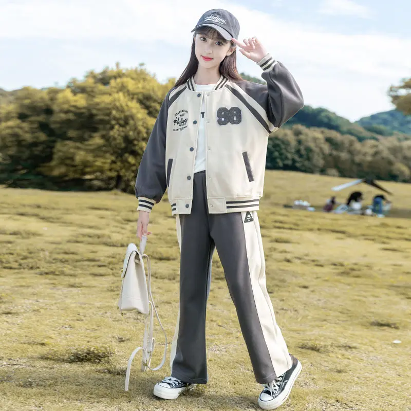 New Winter Autumn Girls Teenager Patchwork Zipper Striped Coats Jacket + Baseball Clothes Sexy Striped Pants Two Piece Set