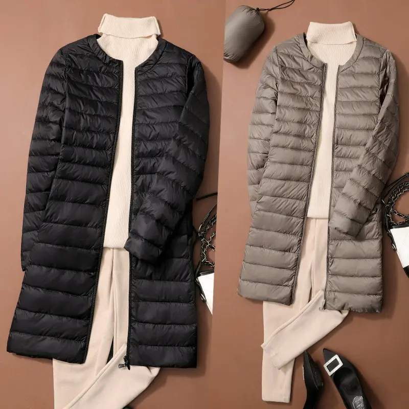 New Autumn Winter Ultralight Women Long Duck Down Coats Korean Style O-Neck Feather Liner Collarless Puffer Jackets