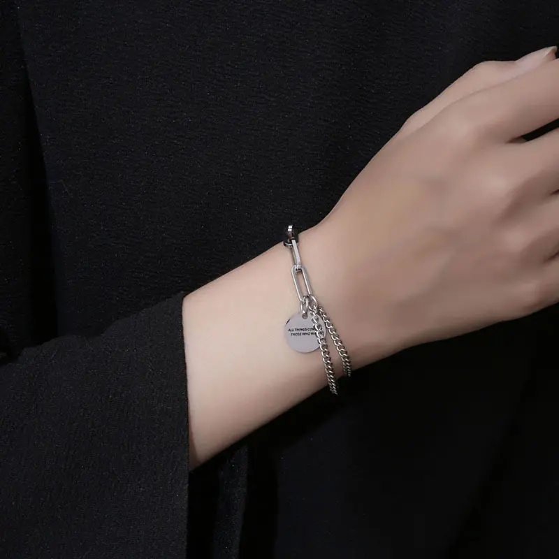 Hip Hop Fashion Titanium Steel Round Plate Double Layer Chain Bracelet for Streetwear Enthusiasts Bracelets Fashion Jewelry