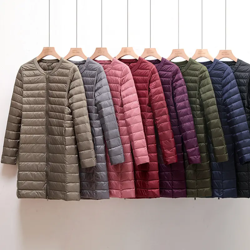 New Autumn Winter Ultralight Women Long Duck Down Coats Korean Style O-Neck Feather Liner Collarless Puffer Jackets