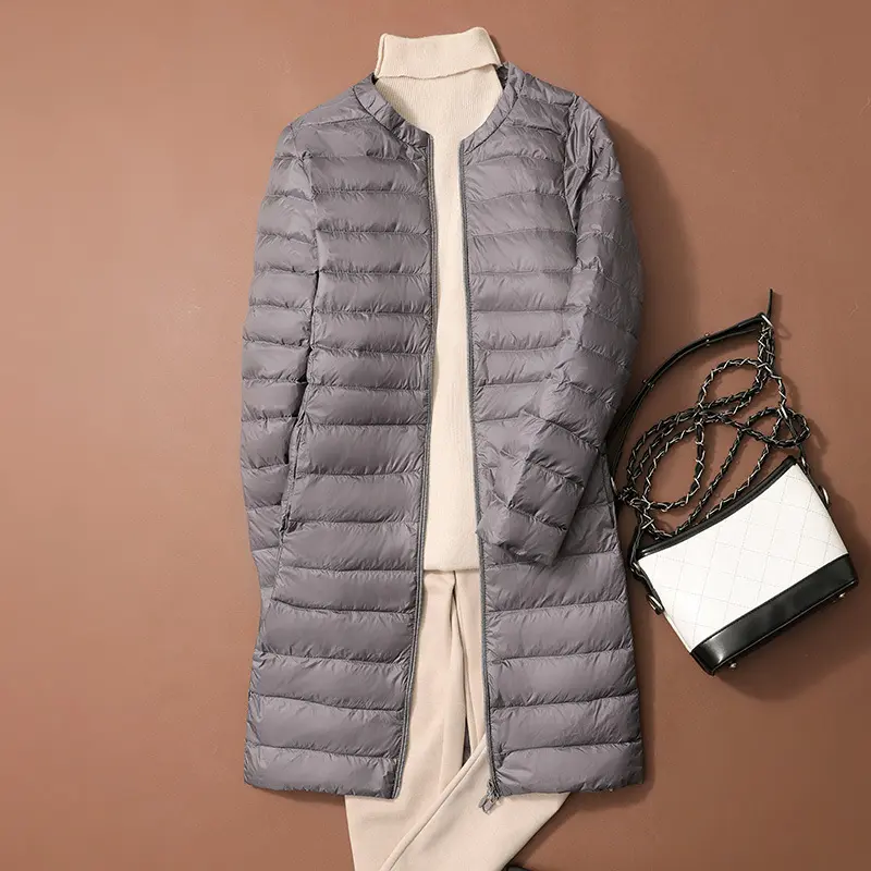 New Autumn Winter Ultralight Women Long Duck Down Coats Korean Style O-Neck Feather Liner Collarless Puffer Jackets