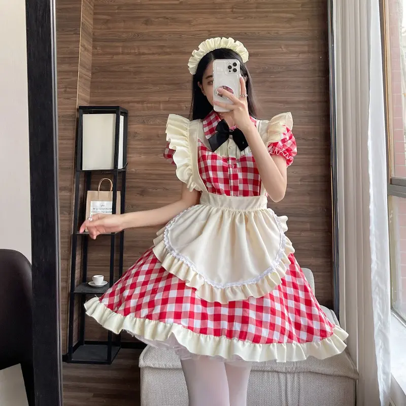 Japanese Cute Lolita Maid Outfit Sexy Cosplay Maid Uniform Niche Dress Black and Red Grid Comfortable and Dirt Resistant
