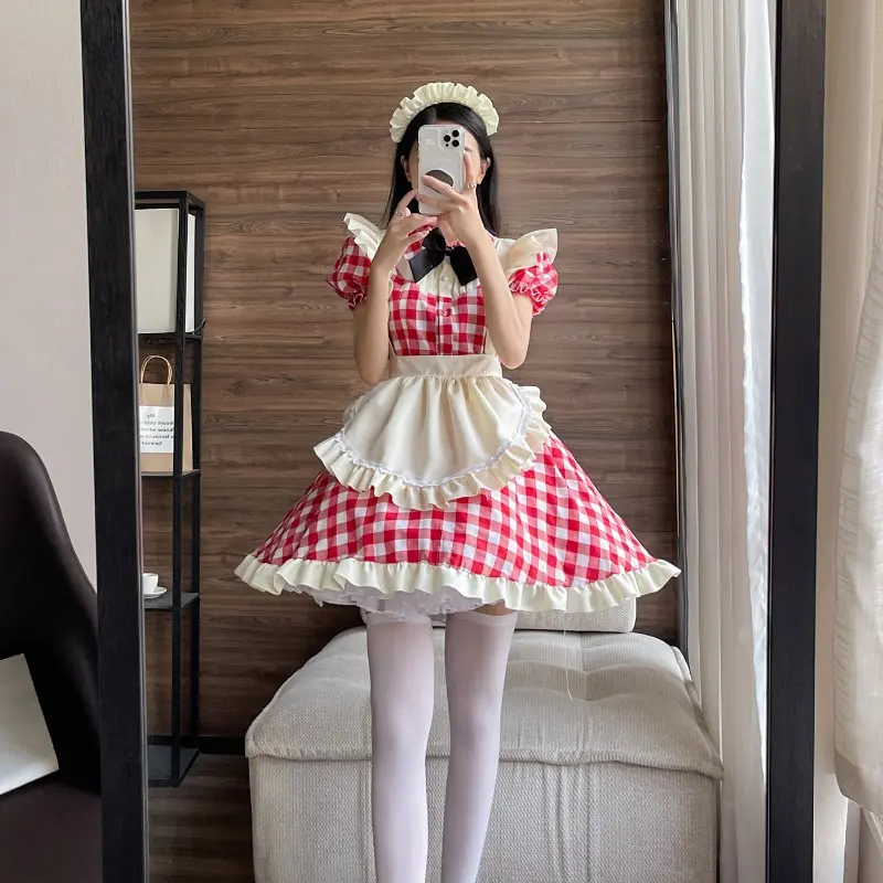 Japanese Cute Lolita Maid Outfit Sexy Cosplay Maid Uniform Niche Dress Black and Red Grid Comfortable and Dirt Resistant