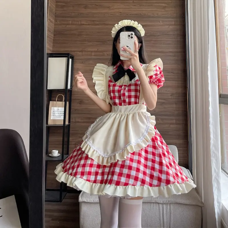 Japanese Cute Lolita Maid Outfit Sexy Cosplay Maid Uniform Niche Dress Black and Red Grid Comfortable and Dirt Resistant