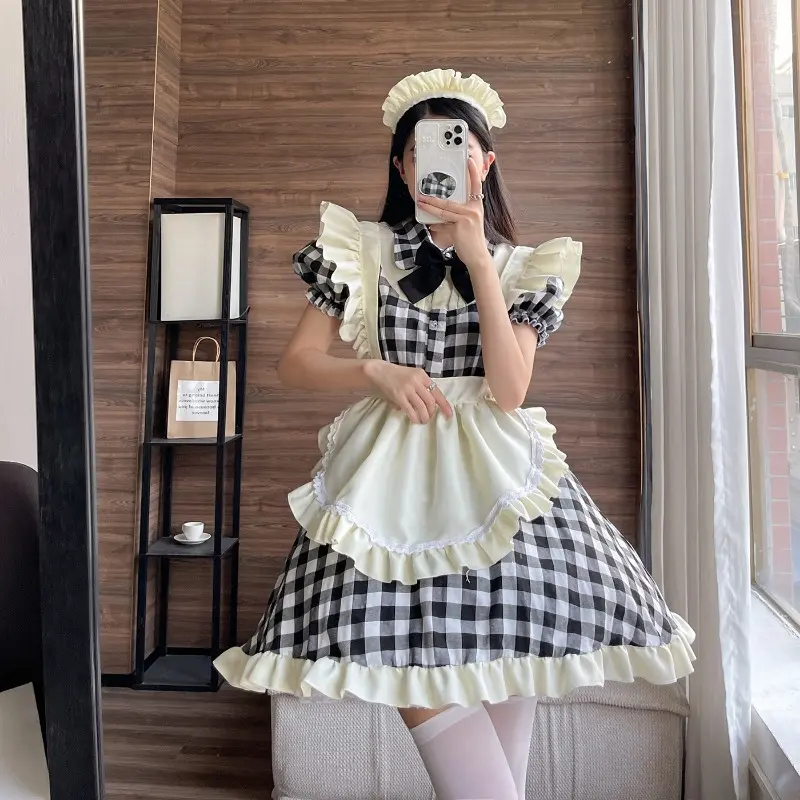 Japanese Cute Lolita Maid Outfit Sexy Cosplay Maid Uniform Niche Dress Black and Red Grid Comfortable and Dirt Resistant