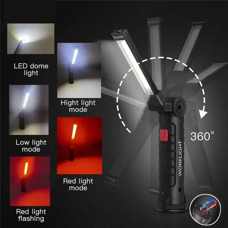 COB LED Work Light Dimmable USB Rechargeable Flashlight Inspection Light with Magnetic Hook Power Supply Lithium Battery