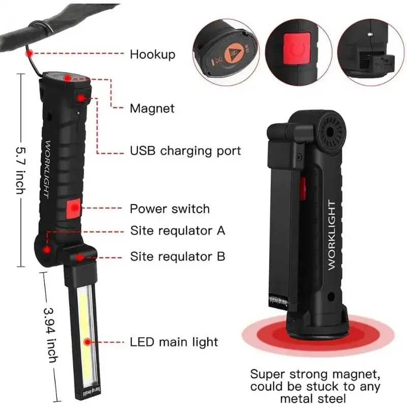 COB LED Work Light Dimmable USB Rechargeable Flashlight Inspection Light with Magnetic Hook Power Supply Lithium Battery