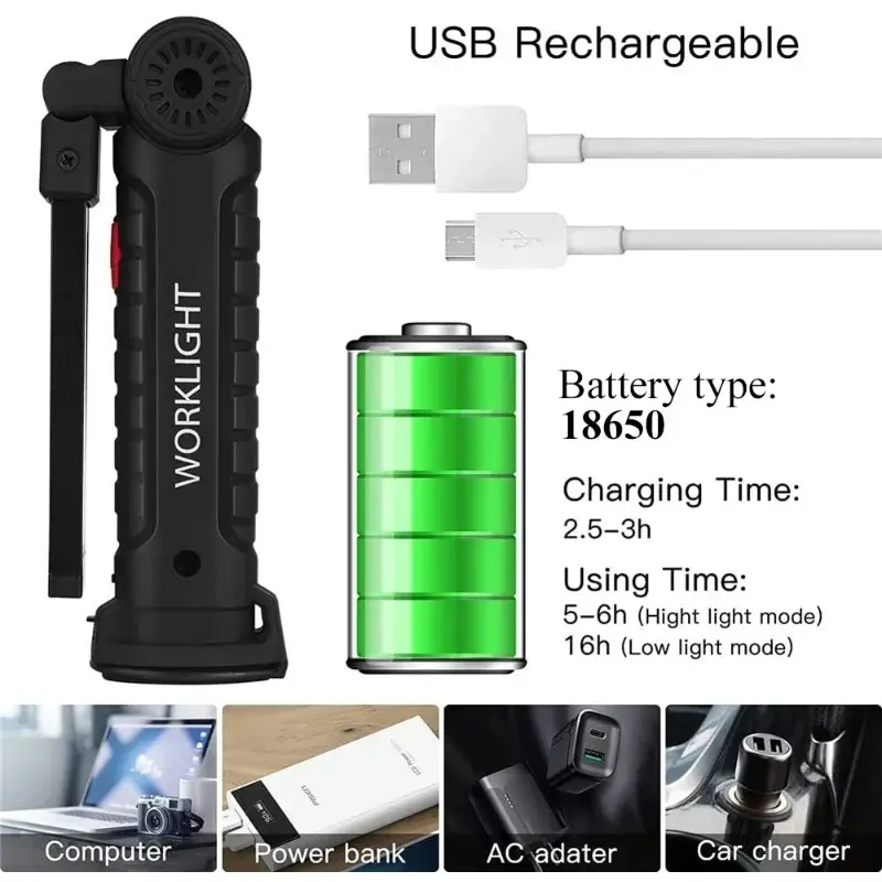 COB LED Work Light Dimmable USB Rechargeable Flashlight Inspection Light with Magnetic Hook Power Supply Lithium Battery