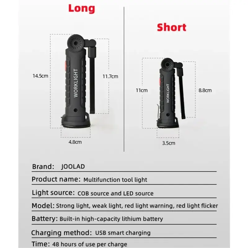 COB LED Work Light Dimmable USB Rechargeable Flashlight Inspection Light with Magnetic Hook Power Supply Lithium Battery