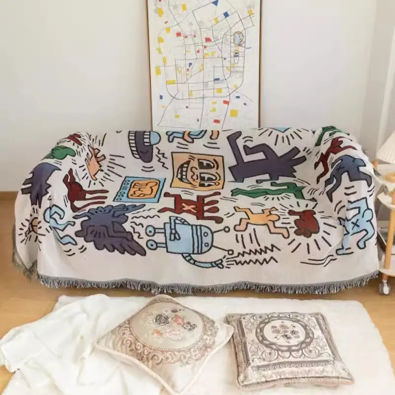 New Ins Style Graffiti Colored Tassel Edge Sofa Towel Simple Anti Slip Thin Cover Blanket Seasonal Universal Couch Dust Cover