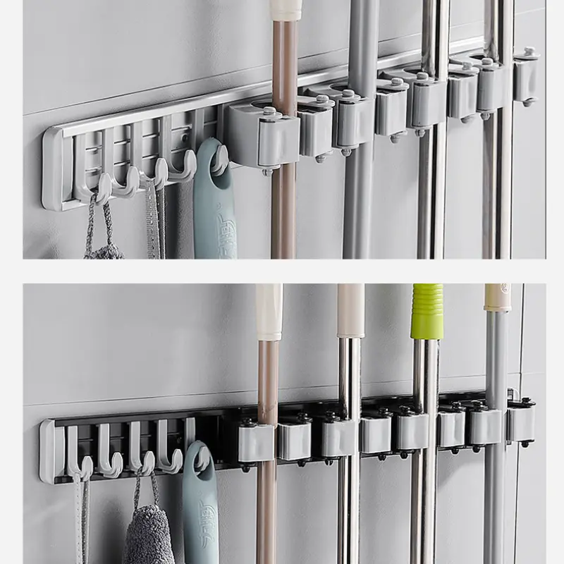 Wall Mount Mop Organizer Perforation-free/Perforation Dual Purpose Broom Hook Holder Hanging Mop Holder Storage Shelves