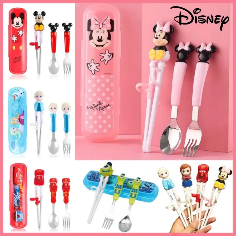 New Disney Tableware Chopsticks 3d Practice Chopsticks 304 Stainless Steel Spoon Fork Chopsticks Cutlery Box Set Portable Gift