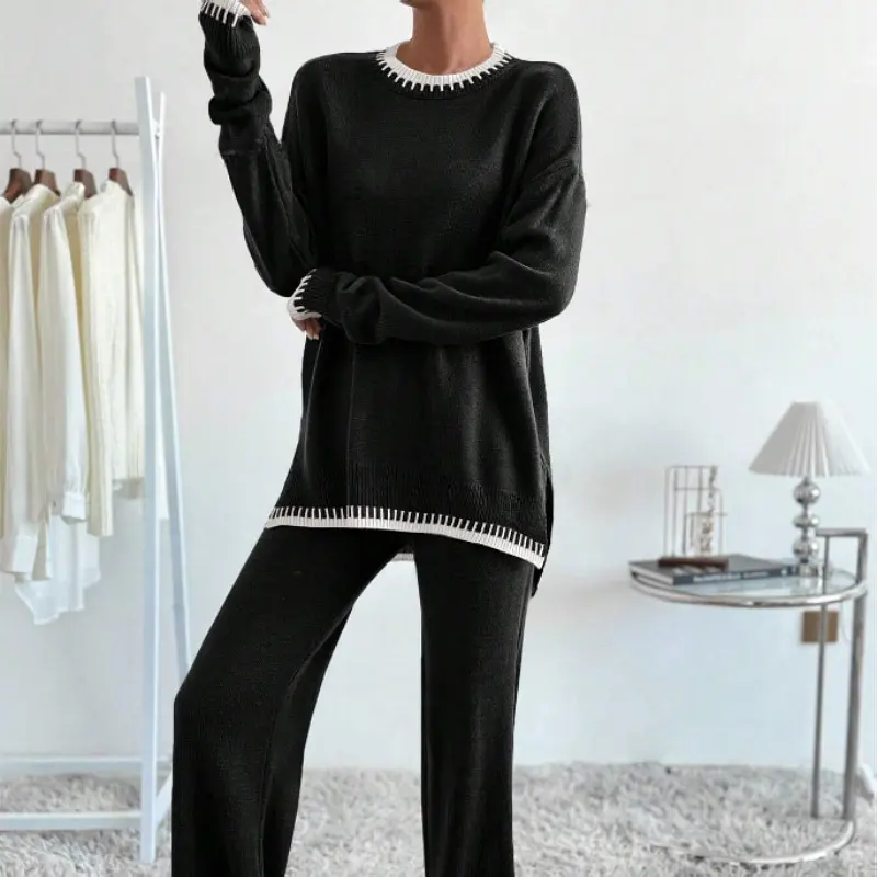 Autumn Women's Fashionable Pullover Sweater Knitted Loose Sweater Women's Retro Casual Women's Sweater Pants Set