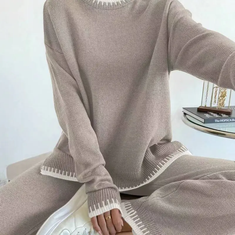 Autumn Women's Fashionable Pullover Sweater Knitted Loose Sweater Women's Retro Casual Women's Sweater Pants Set