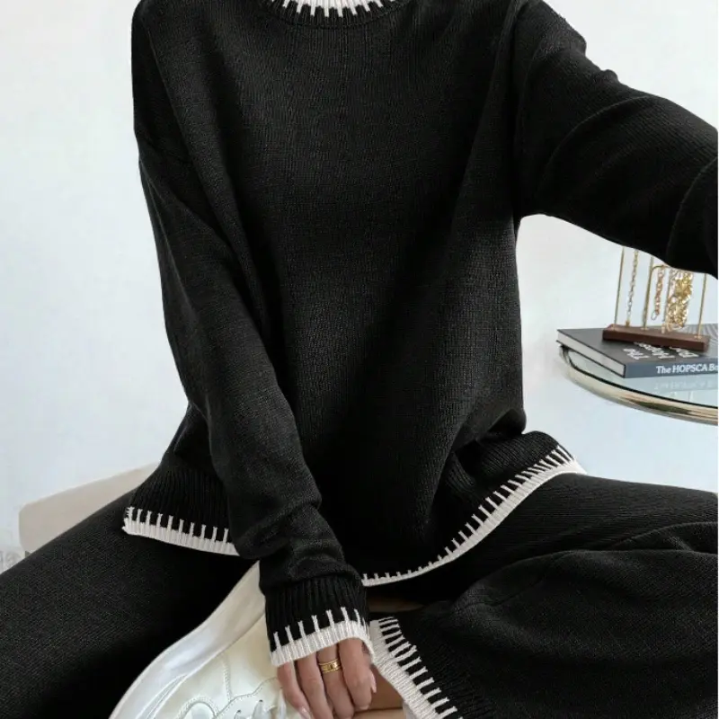 Autumn Women's Fashionable Pullover Sweater Knitted Loose Sweater Women's Retro Casual Women's Sweater Pants Set
