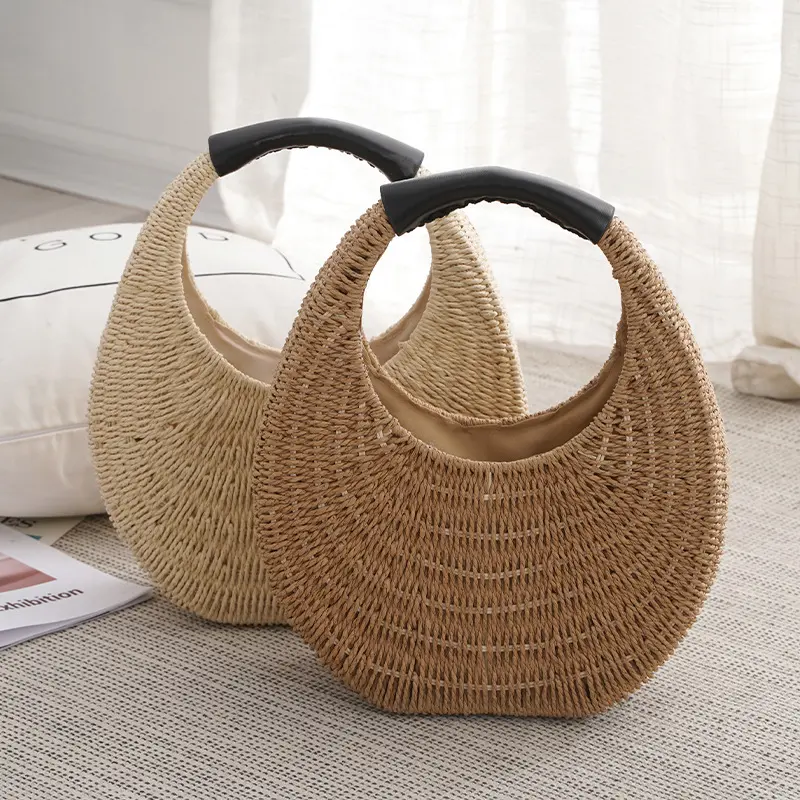 Handmade Half-Round Rattan Woven Straw Bag Summer Women Messenger Bags Female Handbag Small Beach Handbag Top-Handle Bags