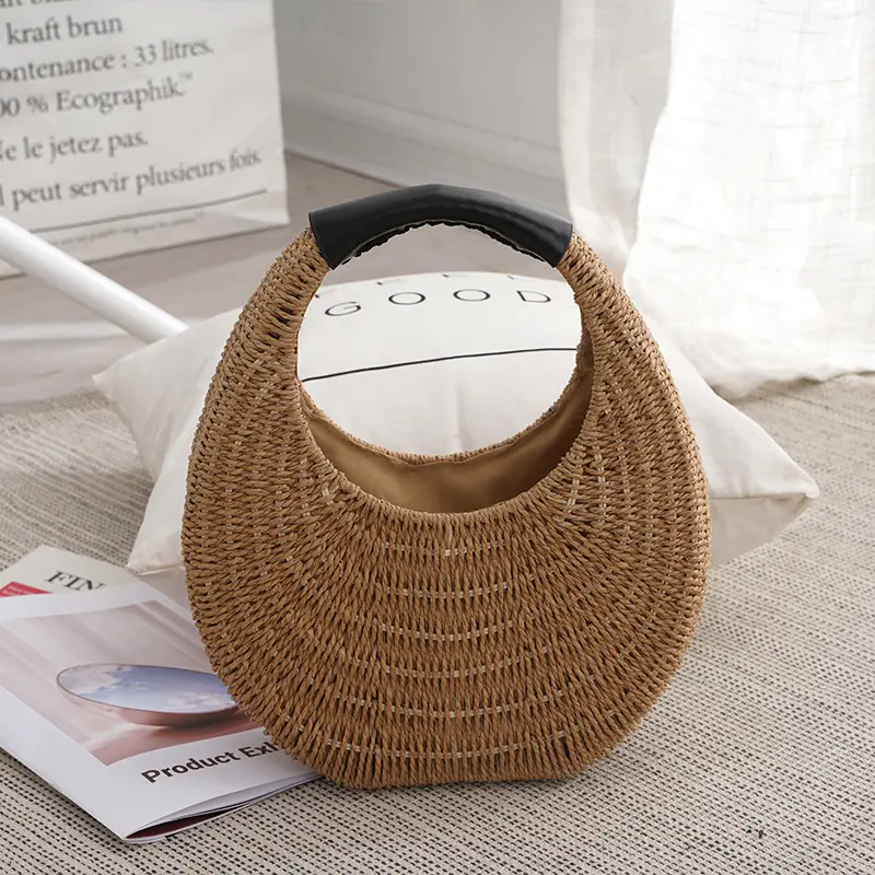 Handmade Half-Round Rattan Woven Straw Bag Summer Women Messenger Bags Female Handbag Small Beach Handbag Top-Handle Bags