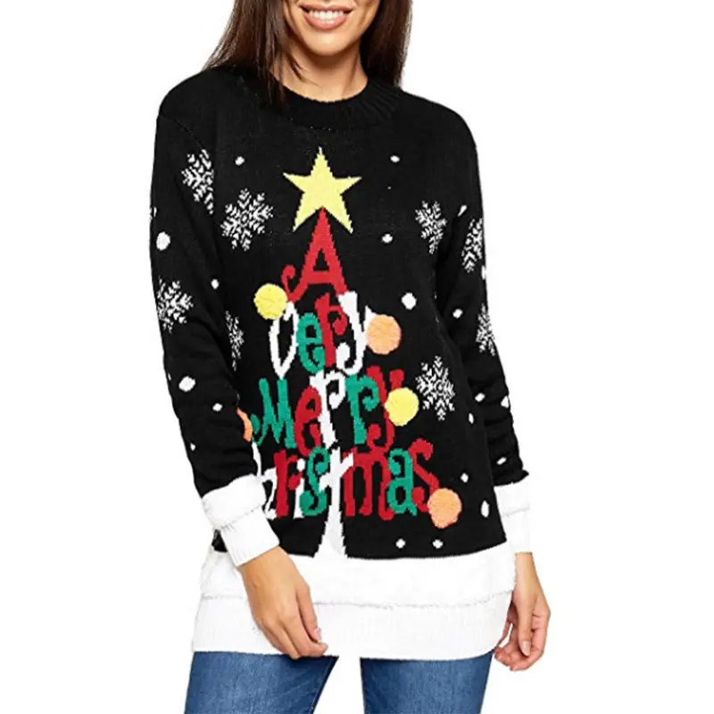Christmas Tree Jacquard Sweater Women's European And American Style Round Neck Long Sleeve Light Up Christmas Knitted Sweater