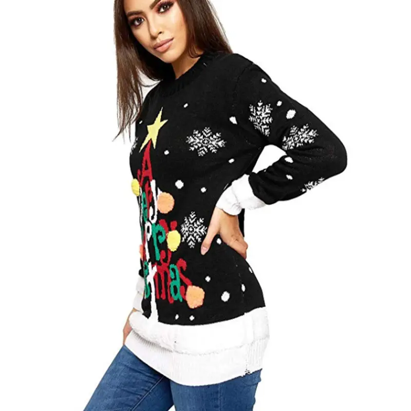 Christmas Tree Jacquard Sweater Women's European And American Style Round Neck Long Sleeve Light Up Christmas Knitted Sweater