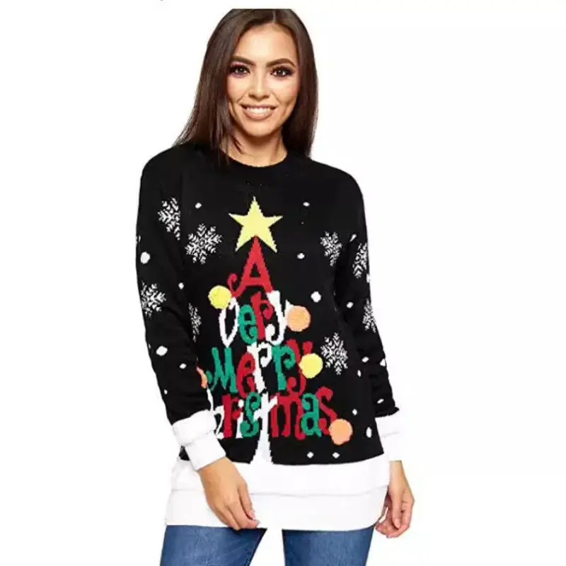 Christmas Tree Jacquard Sweater Women's European And American Style Round Neck Long Sleeve Light Up Christmas Knitted Sweater
