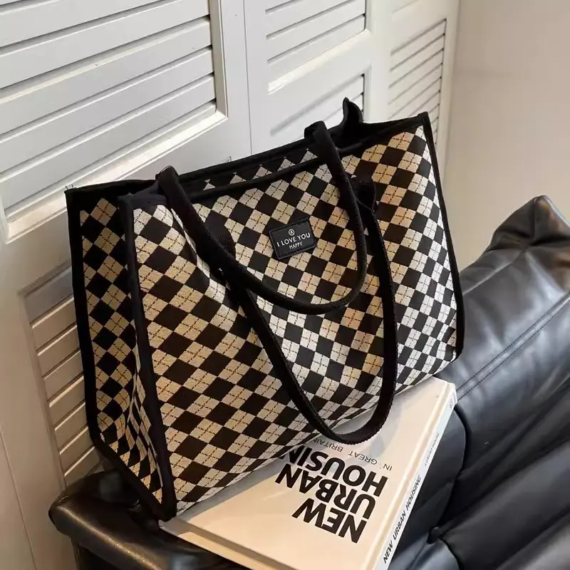 Plaid Versatile Tote Women's Bag Large Capacity Fashion Canvas Bag Solid Simple Shoulder Bag Multifunctional Handbag