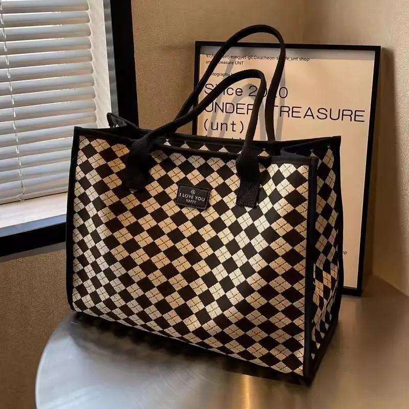 Plaid Versatile Tote Women's Bag Large Capacity Fashion Canvas Bag Solid Simple Shoulder Bag Multifunctional Handbag