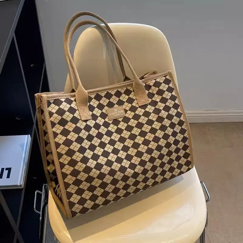 Plaid Versatile Tote Women's Bag Large Capacity Fashion Canvas Bag Solid Simple Shoulder Bag Multifunctional Handbag