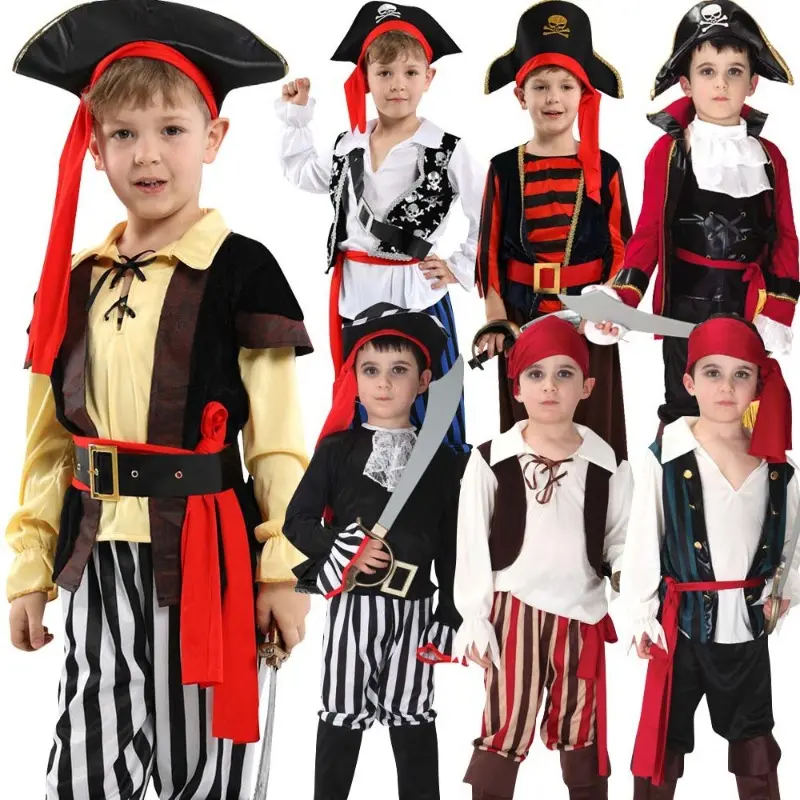 Caribbean Pirate Cosplay Outfit Children Captain Cosplay Set Kids Buccaneer Costumes Boy Party Corsair Performance Clothes